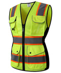 Nine Pockets Women Hi Vis Reflective Safety Vest Mesh Neon Yellow With Reflective Strips And Orange Extended Trims ANSI Compliant