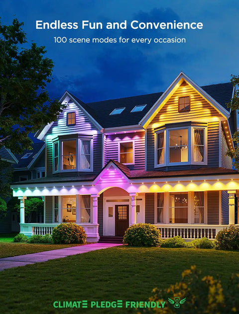 House decorated with Year-Round 100Ft RGBIC Permanent Outdoor Lights 2 with 16 million colors, showing vibrant scene modes at dusk.