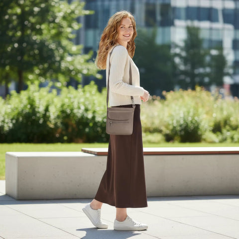 Woman with Anti-Theft Classic Mini Shoulder Bag With 5-Point Security System walking in park