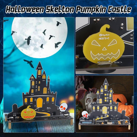 Halloween Music Castle Soldering Kit For Teens And Adults With Dual Lighting Modes And Spooky Sound, DIY Ghost Castle Project For Fun Soldering Practice, A Cool Halloween Gift And Decor, showing castle and pumpkin design