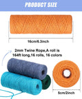 Colorful Jute Twine String Set, 2 Mm Thick, 16 Rolls With 875 Yards Total, Dope Macrame Cord showing size details and colors.