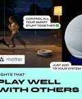 Smart home setup with Matter logo, a child playing with dog, smart speaker, and robot vacuum in modern living room.
