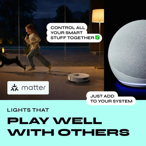 Smart home setup with Matter logo, a child playing with dog, smart speaker, and robot vacuum in modern living room.
