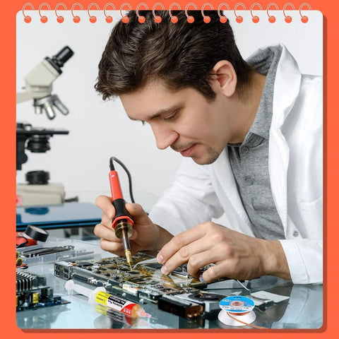 Technician using 6 Pcs 10Ml No Clean Solder Flux Paste And Wick Kit With Plunger And Dispensing Tips on electronics board
