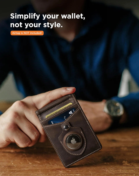 Man holding AirTag Wallet With RFID Blocking, Slim Bifold Money Clip, Full Grain Leather Front Pocket Wallet For Men, Texas Brown.