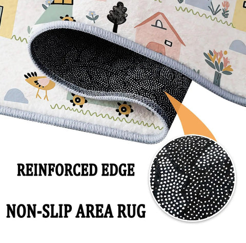 Machine Washable 4x6 Ft Large Area Rug Cartoon Farm Tractor Design Ultra Soft Cozy Low Pile For Living Room Or Bedroom White Non Slip Floor Carpet Kid Family Pet Friendly Home Decor showing non-slip backing and reinforced edge