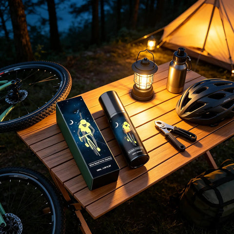 MNVKIJ Multipurpose Night Reflective Spray Agent High Visibility on wooden table with helmet, lantern, and bicycle.