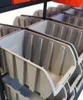 Close-up of the Rolling Storage Bin Rack And Parts Organizer with Dual Sided Shelves, gray bins, black frame.