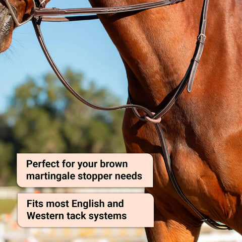 Horse Martingale Stopper Rubber Rein Stopper Must Have Set visible on brown horse, promoting secure fit and strap alignment.