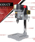 Powerful Benchtop Drill Press With 340W 110V And Stepless 0 To 16000 RPM 25mm Stroke Drill Chuck 0.6 To 6.5mm labeled diagram