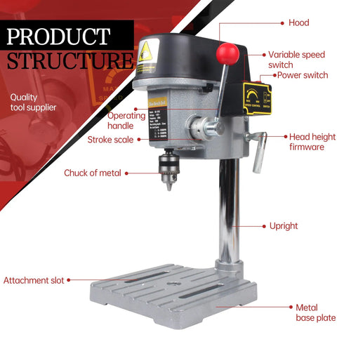Powerful Benchtop Drill Press With 340W 110V And Stepless 0 To 16000 RPM 25mm Stroke Drill Chuck 0.6 To 6.5mm labeled diagram