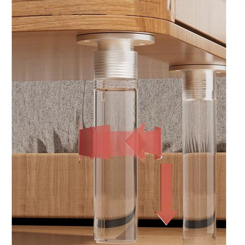 Adjustable Acrylic Furniture Legs 4 Piece Set With Screws, shown under wooden cabinet, illustrating height adjustment feature.