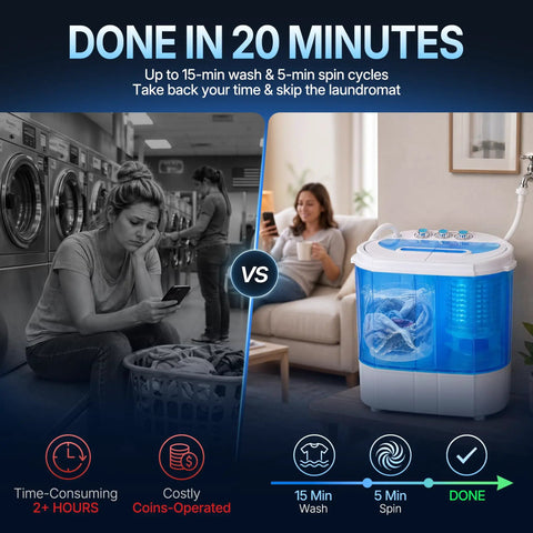 Comparison of laundromat waiting vs No Sweat Portable Twin Tub Wash And Spin Combo 9.9 Pounds Mini Top Load Laundry Machine for quick use.