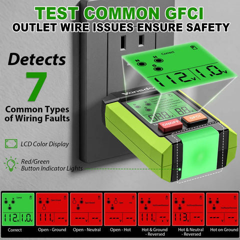 Plug-and-Play 3-In-1 Electrical Troubleshooter Circuit Breaker Locator, GFCI Outlet Tester, And Circuit Tracer With LCD Display, wide-range outlet tester on wall socket