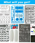 Parts layout for Solar Powered 25-In-1 Robot Kit For Kids Aged 8 To 12, including gears, panels, and connectors for STEM learning.