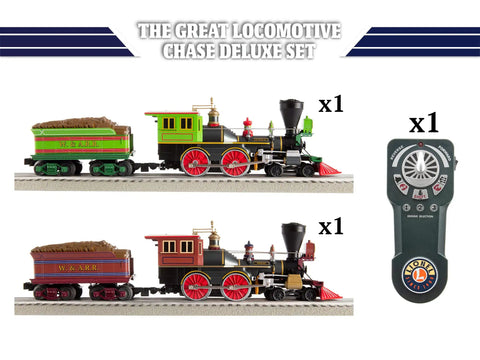 Great Locomotive Chase Deluxe LionChief Bluetooth 5.0 Set with steam locomotives and universal remote in O Gauge