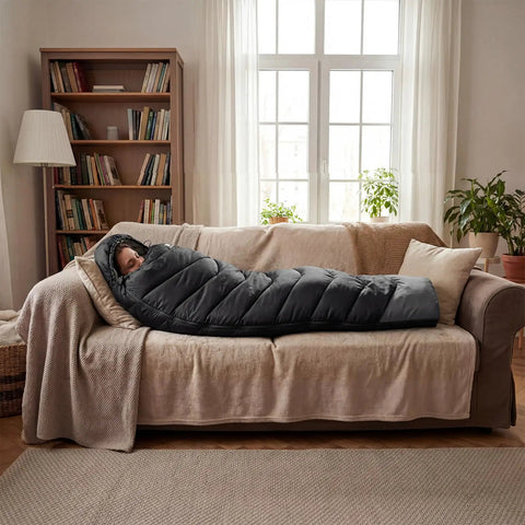 Person resting on a sofa inside Cozy Yet Lightweight 3-4 Season Sleeping Bag For Adults And Kids, 4-Pound Packable With Compression Sack