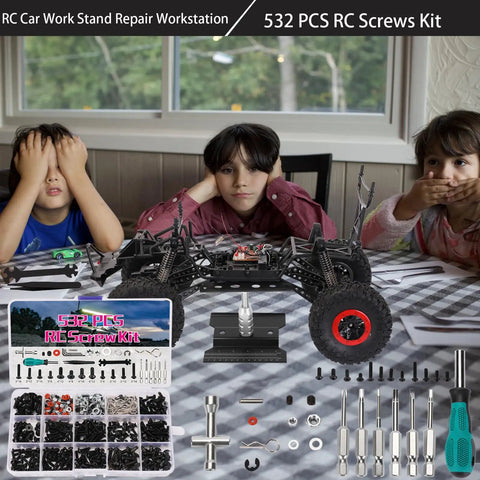 Pro RC Repair Stand Kit With 532 Piece Screw Set And 360 Degree Rotating Work Station displayed with tools and RC car model