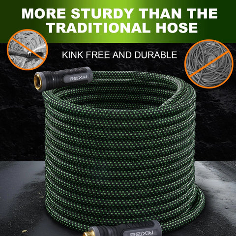 Relxitl garden hose, green braided 100 ft non-expanding hose with 10-function sprayer, front view