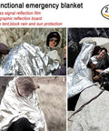 Emergency blanket 2-pack in silver Mylar; hikers wrapped for warmth on rocky terrain.