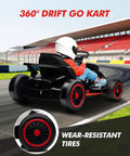 Child riding a 24V Electric Go Kart For Kids 6 To 12 With Dual 200W Motors, 8.1 MPH Speed, on a racetrack with 360 drift feature.