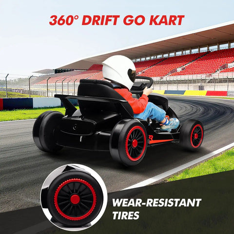 Child riding a 24V Electric Go Kart For Kids 6 To 12 With Dual 200W Motors, 8.1 MPH Speed, on a racetrack with 360 drift feature.