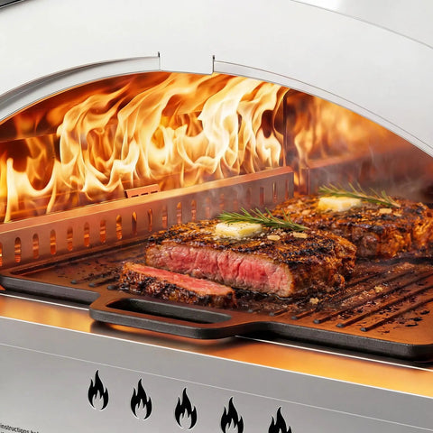 Portable Gas Pizza Oven With 15 Inch Stone, Stainless Steel Backyard Tailgate Ready Pizza Maker grilling steak