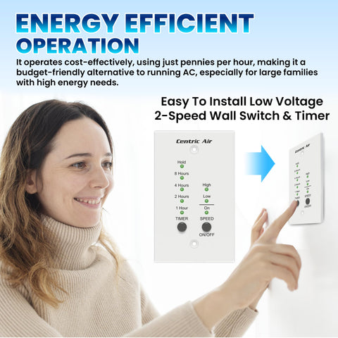 Woman using QA-Deluxe 3300 Whole House Fan Delivers Energy Efficient Cooling With Low Voltage Plug And Play 2 Speed Wall Switch With Timer