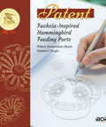 Patent drawing of fuchsia-inspired hummingbird feeding ports with decorative design elements and a hand sketching the feeder.