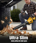 Man using Cordless Leaf Blower 650 CFM With 3 Speed Levels And 1200W Power, Dual 5.0Ah Batteries Included to clear leaves under a car