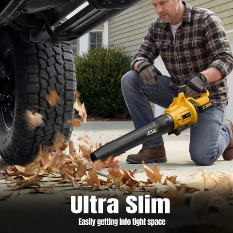 Man using Cordless Leaf Blower 650 CFM With 3 Speed Levels And 1200W Power, Dual 5.0Ah Batteries Included to clear leaves under a car
