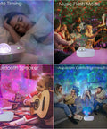 3 In 1 Starry Night Projector With Ocean Wave Nebula Effects Bluetooth Music Speaker With Remote Color Changing LED Modes For A Dope Bedroom Vibe And Room Decor used in various settings.