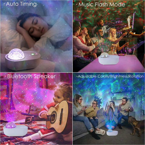 3 In 1 Starry Night Projector With Ocean Wave Nebula Effects Bluetooth Music Speaker With Remote Color Changing LED Modes For A Dope Bedroom Vibe And Room Decor used in various settings.