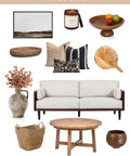 Moodboard with sofa, Modern Farmhouse Fall Linen Throw Pillow Cover 20x20 In Outdoor Indoor Water Repellent Reversible Black With White Embroidered Stripes Invisible Zipper Cozy Patio Couch Decor, and rustic decor items.