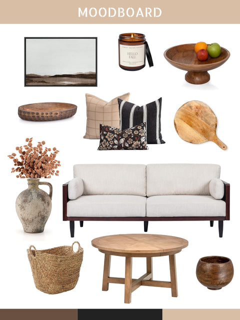 Moodboard with sofa, Modern Farmhouse Fall Linen Throw Pillow Cover 20x20 In Outdoor Indoor Water Repellent Reversible Black With White Embroidered Stripes Invisible Zipper Cozy Patio Couch Decor, and rustic decor items.