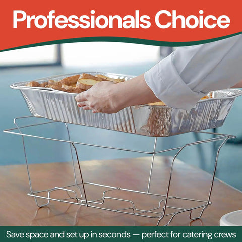 Pro Grade Fixed Chafing Rack For Catering Heavy Duty Plated Steel Chafer Stand with full-size steam pan on table