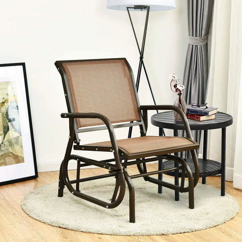 Cozy Brown Swing Glider Chair With Sturdy Metal Frame for patio garden porch and poolside relaxation indoors by table