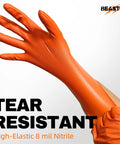 Beastek orange nitrile disposable glove on hand; 8 mil, powder-free, latex-free, large.
