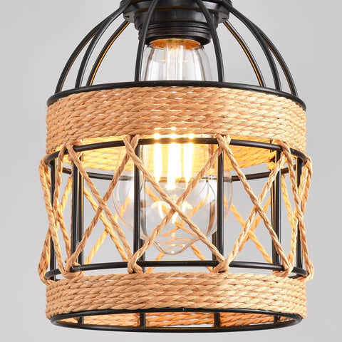 Dope Black Modern Pendant Lighting Set Two Pack Adjustable Pendant Light Fixture For Kitchen Island With E26 Bulb Base Easy To Install And Clean Contemporary Pendant Lights Today, close-up of metal and woven design with lit bulb