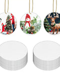 Christmas-themed designs on the 40 Pack Double Sided Metal Sublimation Ornament Blanks For Christmas Tree Decor And DIY Crafts, 2.75 Inch Round Aluminum Ornaments For Heat Press Printing, Personalize Gifts And Seasonal Decor.