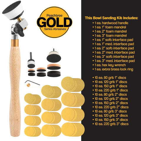Pro Grade Bowl Sander Tool Kit For Woodturning with discs, mandrels, and hardwood handle shown