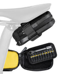 Elementa GearBag Under-Seat Bike Bag With Dual Compartments Quick Access Rail Wing System Compact Ratchet Tool Kit shown open