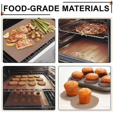8 Pack Teflon Sheets For Heat Press 12 By 16 Inch Nonstick Craft Mats shown baking cookies and pizza in oven