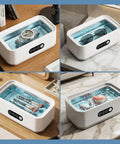 Top Shelf 49Khz Ultrasonic Cleaner With Roomy 650Ml Stainless Steel Tank And Digital Timer soaking a watch, sunglasses, makeup brushes, and retainer.