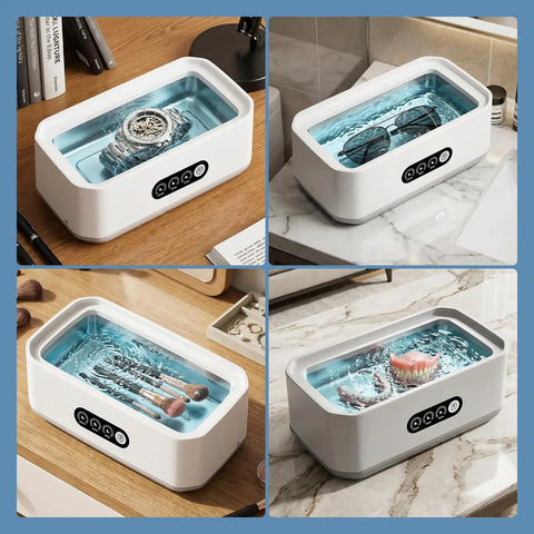 Top Shelf 49Khz Ultrasonic Cleaner With Roomy 650Ml Stainless Steel Tank And Digital Timer soaking a watch, sunglasses, makeup brushes, and retainer.