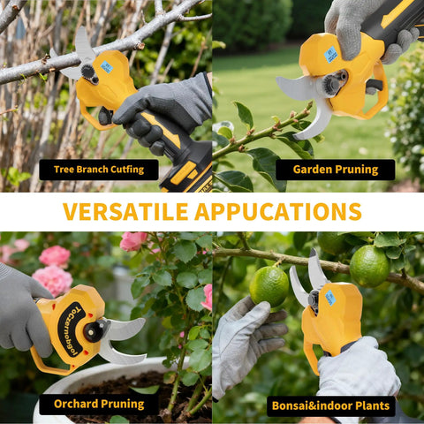 Heavy Duty 2 In 1 Electric Pruning Shears With A Telescoping Pole Reaching 15 Feet slicing through branches in garden, orchard, and bonsai use.