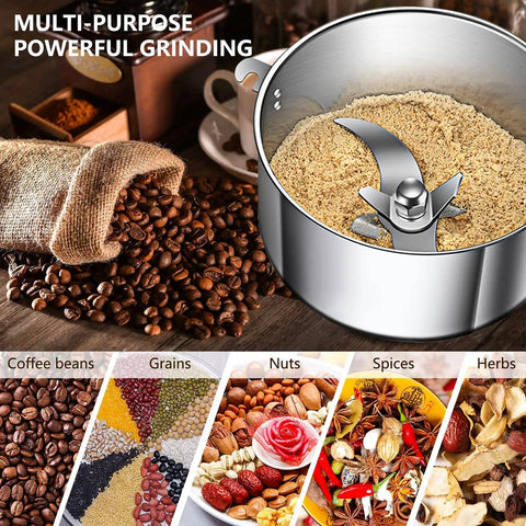 Powerhouse 900W High Speed Grain Mill Grinder 150g Stainless Steel with coffee beans and spices, top view