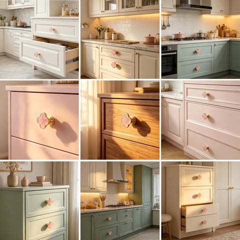 Pink Cabinet Knobs 6 Pack Zinc Alloy Single Hole Drawer Pulls with 3 Leaf Style on various kitchen and dresser drawers