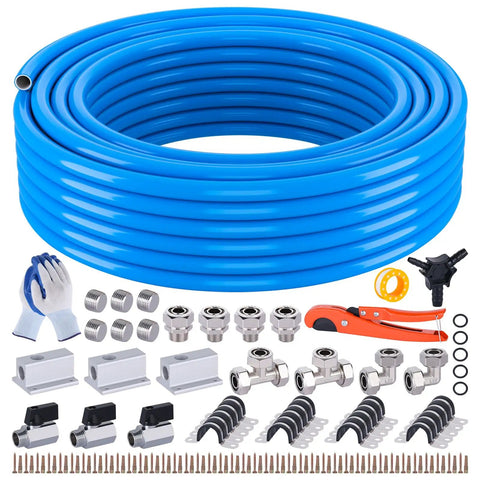 Heavy Duty Garage Air Line Kit With Three Quarter Inch ID HDPE Aluminum Piping 100 Foot Run 200 PSI Capacity 90 Piece Fittings Pack