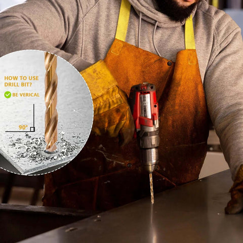 Cobalt drill bit set (M35 HSS twist bits) being used to drill metal with a cordless drill on a workbench